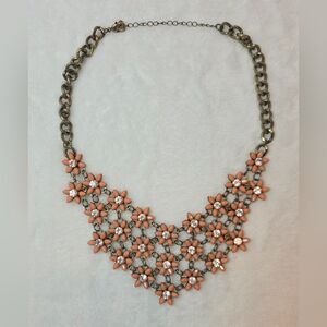 Floral Statement Necklace Coral Peach Rhinestone Bib Necklace Bronze Tone